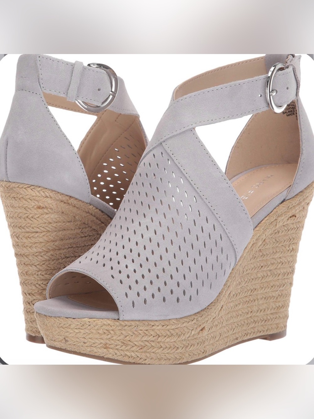 Marc Fisher Light Gray Perforated Espadrille Wedge Sandals